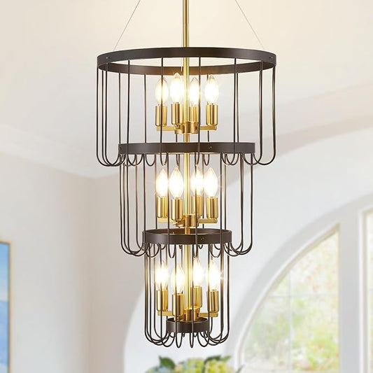Black and Gold Chandelier, 12-Light Farmhouse Chandelier for Entryway, Industrial Foyer Lighting Fixtures, Large Chandeliers for High Ceilings, Modern Hanging Pendant Lights for Staircase, Entryway