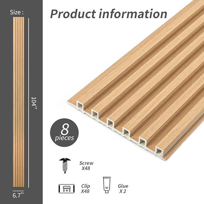 Art3dwallpanels Wood Slat Wall Paneling, 104'' x 6.7'' WPC Soundproof 3D Wall Panels for Interior Wall Decor, 8 Pack Fluted Textured Panel Wall Slats, Oak
