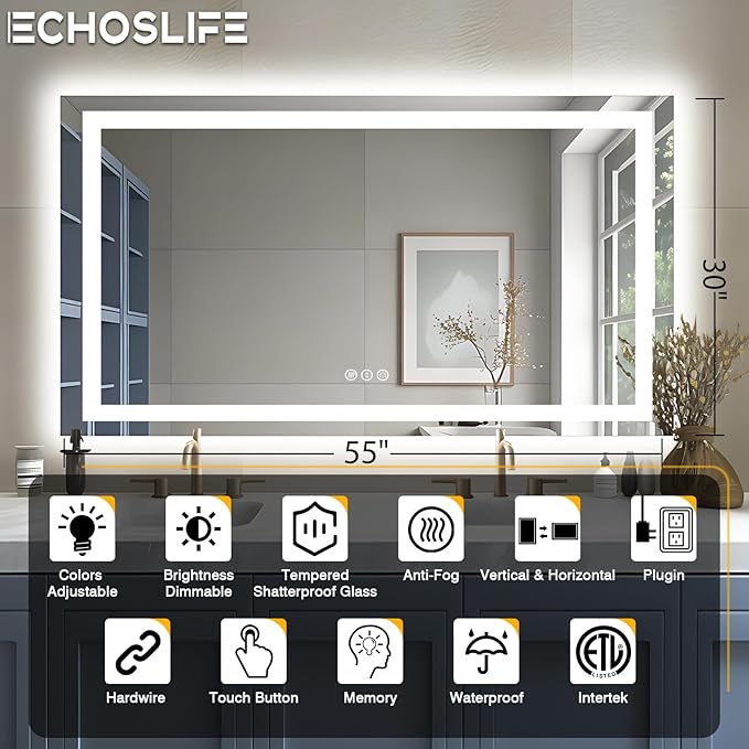 55"x30" LED Bathroom Mirror, Front & Backlit, Anti-Fog Vanity Mirror with Dimmable Lights, 3 Colors Smart Mirror (Horizontal/Vertical)