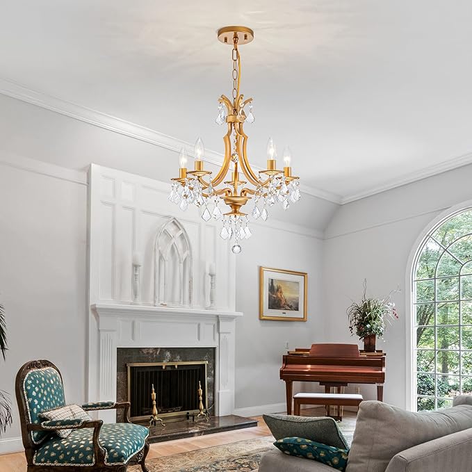 5-Light Crystal Maria Theresa Chandeliers, Pendant Light Fixture for Dining Room, Living Room, D17 x 21~69" (Adjustable Height), Clear Crystal & Gold Finish Frame