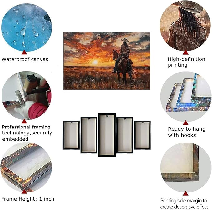 American Western Cowboy Wall Art Sunset Wall Decor Southwestern Farms Pictures for Bedroom Living Room Office Home Decortion Prints Vintage Artwork Framed(28L" x 44W")