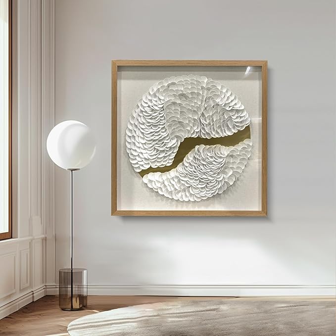 BrightA White Leather Wall Art Wall Sculpture Eclectic Decor Handcrafted Layered Texture with Wooden Shadow Frame Acrylic Protected Modern Abstract Decor for Living Room/Gallery 31.5"x31.5"