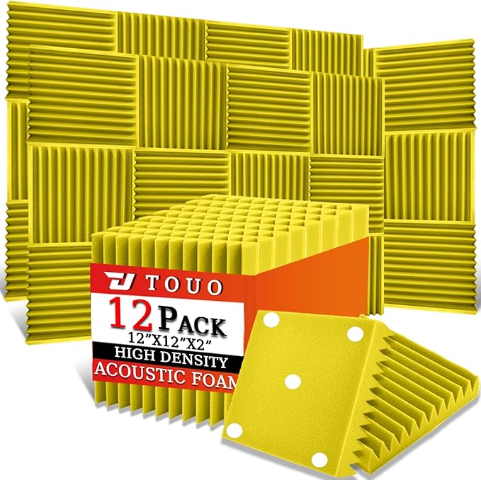 12 Pack Acoustic Panels – Sound Proof Foam Panels for Wall 12"x12"x2", Flame Retardant Wedge Acoustic Foam, High-Density Sound Absorbing Panels for Home Studio(Yellow, 2" Thick 12 Pack)