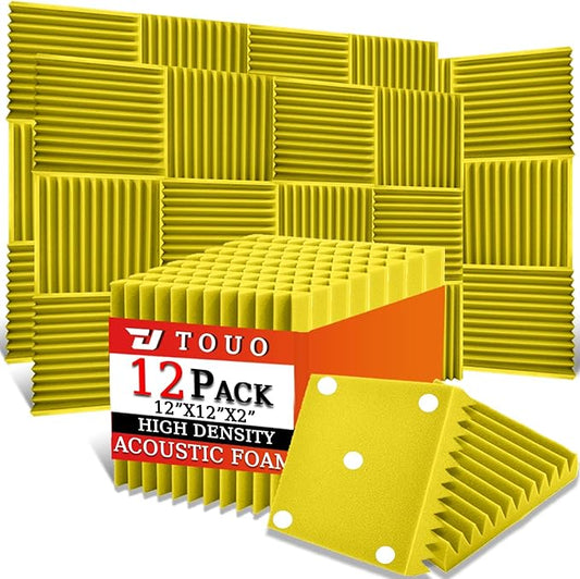 12 Pack Acoustic Panels – Sound Proof Foam Panels for Wall 12"x12"x2", Flame Retardant Wedge Acoustic Foam, High-Density Sound Absorbing Panels for Home Studio(Yellow, 2" Thick 12 Pack)
