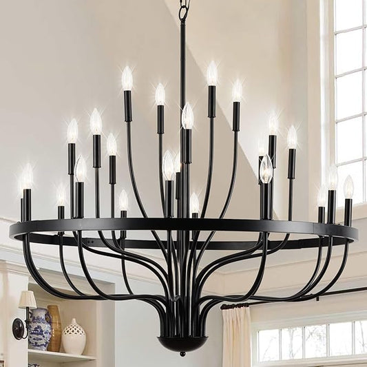Black Chandelier 24-Light Industrial Iron Candle Chandelier Modern Suspended Farmhouse Chandeliers Pendant Light Fixtures for Dining Room Bedroom Living Room Kitchen Island Foyer E12 Bulb