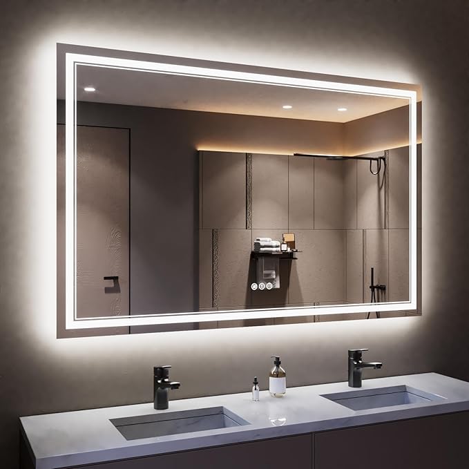 55 x 36 Inch LED Bathroom Mirror with Lights, Backlit and Front Lighted Bathroom Mirrors for Wall, Anti-Fog Dimmable Memory Shatterproof LED Vanity Mirror for Bathroom