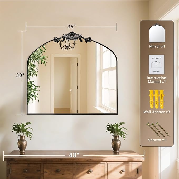 MISSDAY Vintage Matte Black Baroque Mirror for Wall, 36"X30" Arched Antique Wall Mirror with Elegant Carving Top, Full Metal Frame Wall-Mounted Mirror for Bathroom, Living Room, Fireplace, Entryway