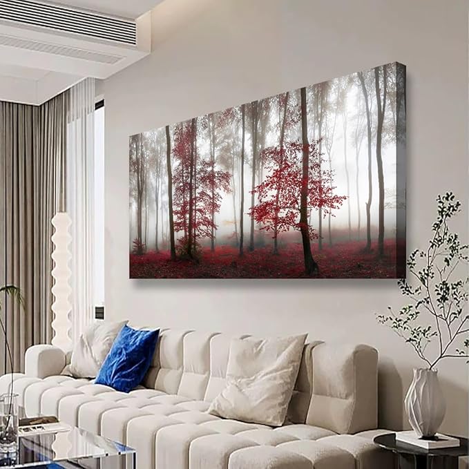 Misty Forest Pictures Canvas Wall Art for Living room Office Bedroom Wall Decor,Forest Wall Art Print Paintings Modern Nature Red Tree Artwork Waterproof Ready to Hang-20x40inch