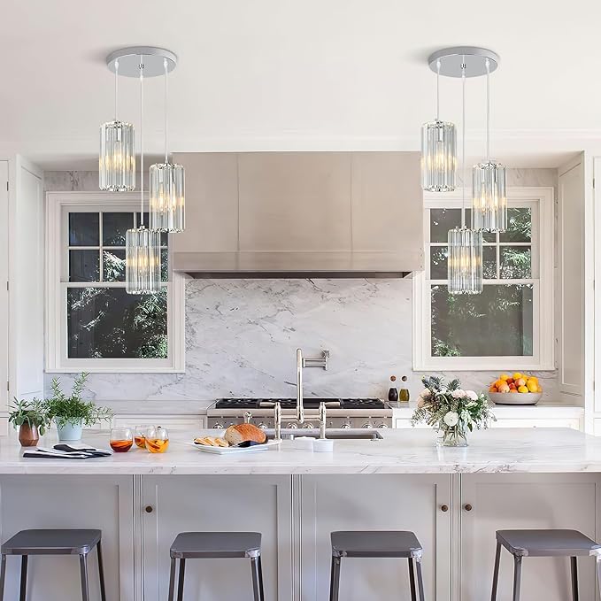 Chrome Pendant Lighting Modern Pendant Light, Mini Crystal Chandeliers,Adjustable Pendant Light Fixture for Kitchen Island Dinning Room Corridor Bedroom…(Gold 3-Light)