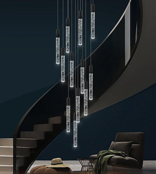 12-Lights High Ceiling Crystal Chandelier, Modern Large LED Raindrop Pendant Light Fixture 98.5" H Flush Mount Chandelier Black for Foyer Staircase Villa Living Room