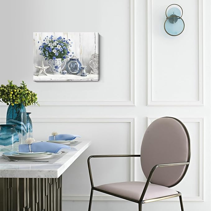 Nicetop Bathroom Decor Wall Art Vintage Coastal Picture Blue and White Anemone Flowers in Vase with Starfish and Bottle Pottery Canvas Print Rustic Country Farmhouse Artwork for Bedroom 16x12 Inch