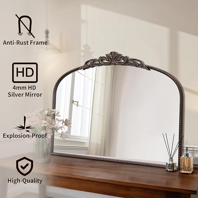 Micasso Bronze Vintage Wall Mirror: 24"x 32" French Baroque Antique Arched Wall Mounted Mirror - Traditional Ornate Decorative Entryway Mirror for Home Decor/Entryway/Fireplace/Living Room/Hallway