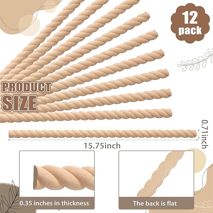 Nuanchu 12 Pcs Unfinished 3D Decorative Wood Trim Molding 15.75inch Decorative Wood Molding Cute DIY Trim for Home Wall Cabinet Shelf Window Door(Twist,18mm)