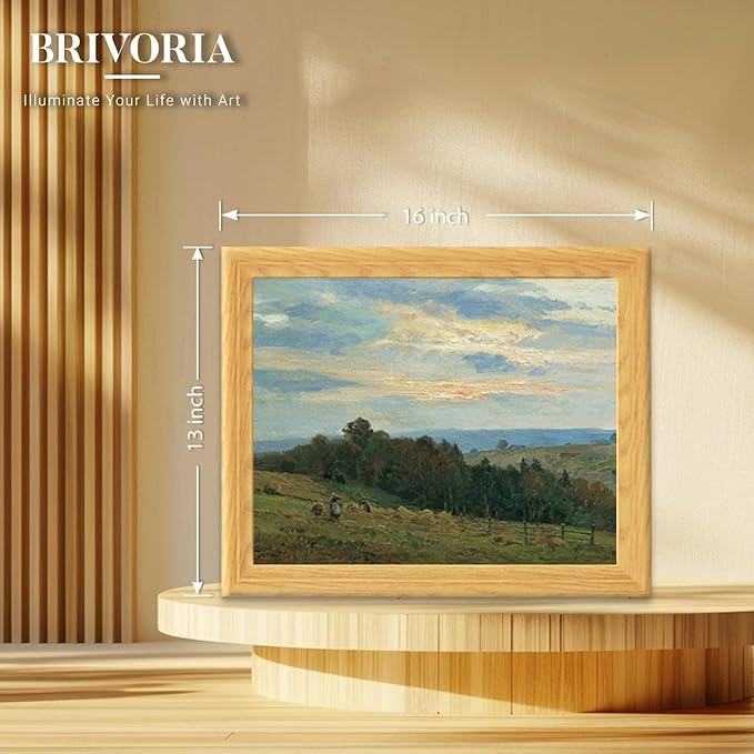 Brivoria Framed Canvas Wall Art Vintage Decor, Harvest Season Landscape with Farmers Hay Fields and Rustic Trees Under Autumn Sunset for Hallway Reading Nook Bathroom or Office Wall Display, 13"x16"