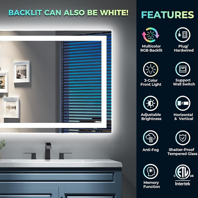 40x24 Inch RGB LED Bathroom Mirror Front Light and RGB Backlit Lighted Vanity Mirror for Bathroom Wall Mounted Dimmable Anti Fog Memory Shatter-Proof IP54 Waterproof Horizontal/Vertical