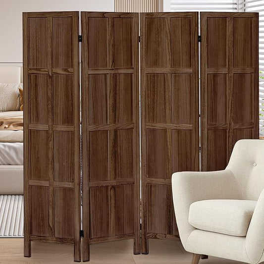 4 Panel Room Divider and Folding Privacy Screen, Classic 5.6Ft Wood Room Divider Wall, Partition Screen Divider for Room Separation for Home Office, Bedroom, Office, Dressing Room, Brown