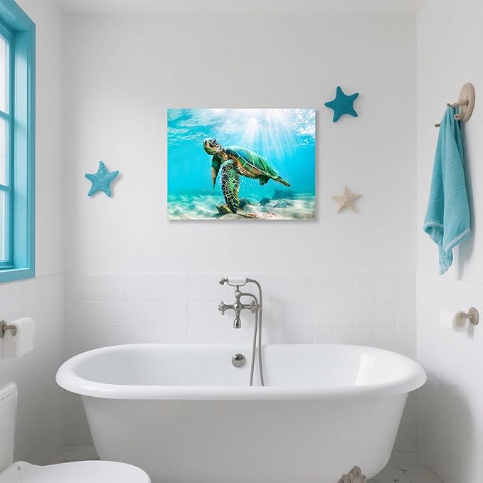 JAPO ART Green Sea Turtle Wall Art Submarine Picture Blue Ocean Animal Painting Coastal Wall Decor Framed Ready to Hang for Bathroom Livingroom 24x36Inch