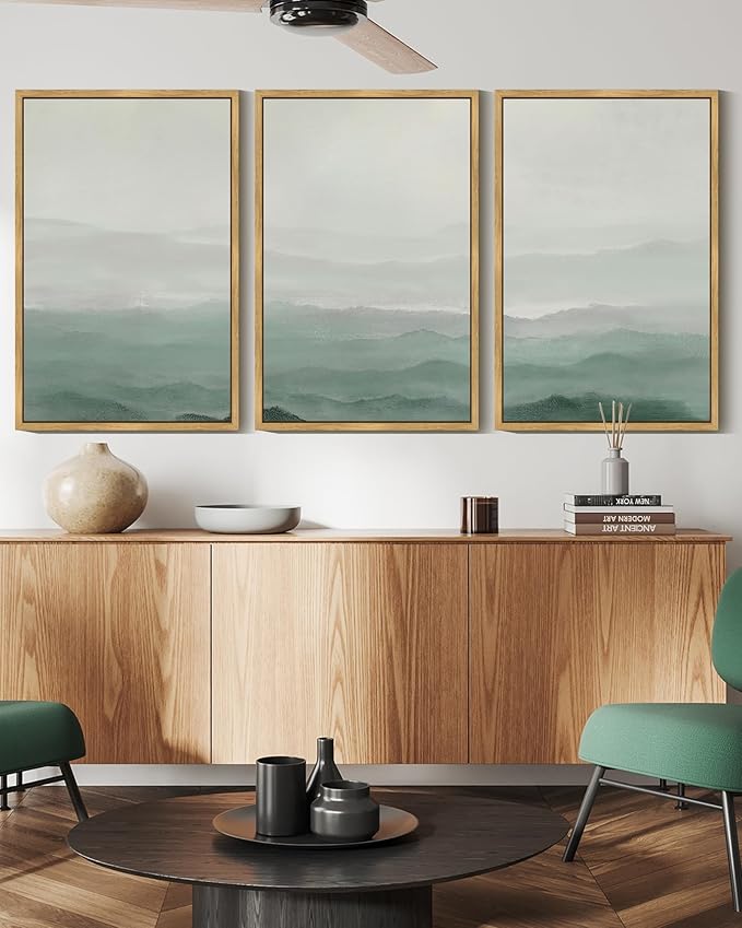 KUVIOKE Green Watercolor Mountains in Fog Framed Wall Art Wilderness Nature Landscape Artwork Painting Boho Rustic Scenic Relax Cool Home Decor 16x24in (Natural Framed)