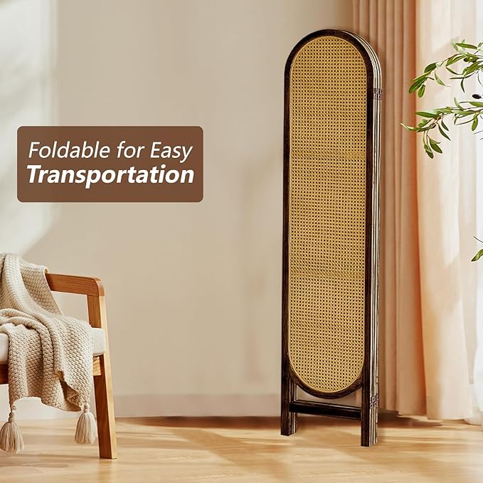 ALeesinwing 4 Panels Room Dividers, Hand-Woven Rattan Room Divider Panel and Folding Privacy Screens, Wood Room Divider Wall Freestanding Room Partitions Screen for Home Office Bedroom, Dark Brown