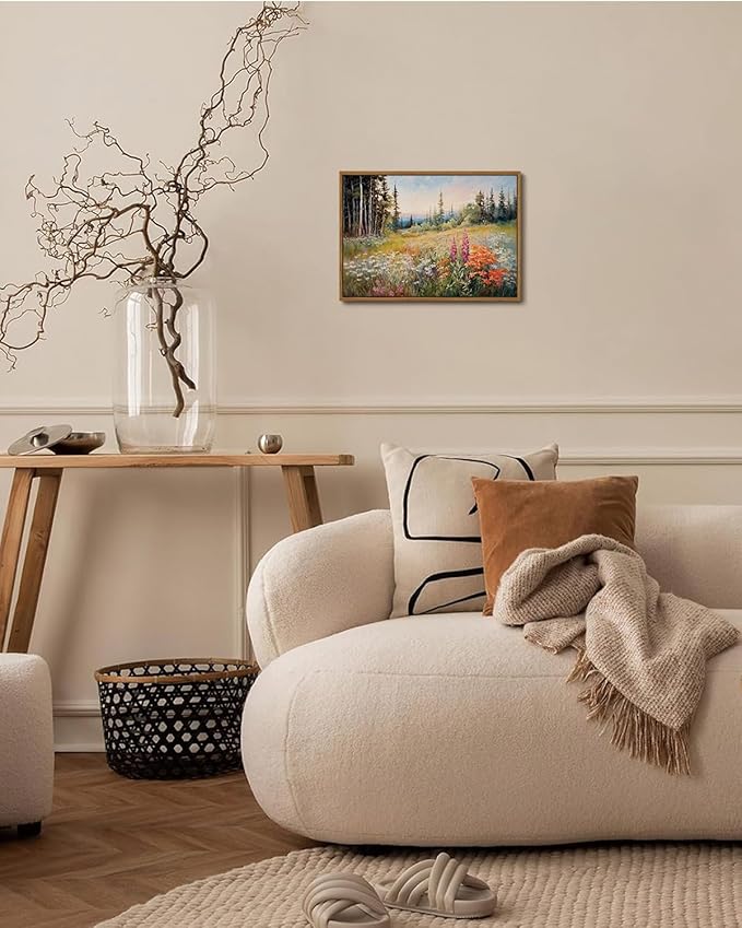 KISSFOX Vintage Framed Wall Art Mountain Meadow Wildflower Landscape Colorful Canvas Art Nature Serene Countryside Paintings Artwork Farmhouse Rustic Art Prints For Bedroom Bathroom Living Room