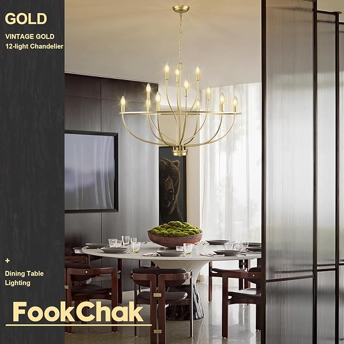 Large Gold Chandelier, 12 Light Foyer Chandelier High Ceiling 36inch Modern Brass Living Room Light Fixture Metal Candle Chandelier for Kitchen Entryway Living Room Bedroom