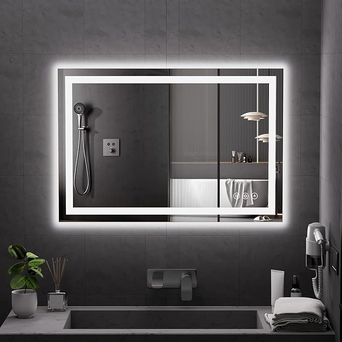 Koonmi 38"x26" LED Mirror for Bathroom, 90CRI Anti-Fog Vanity Mirror with Front and Backlight, Shatter-Proof Wall Mirror with Light, Easy Install Lighted Mirror for Modern Bathroom (IP65)