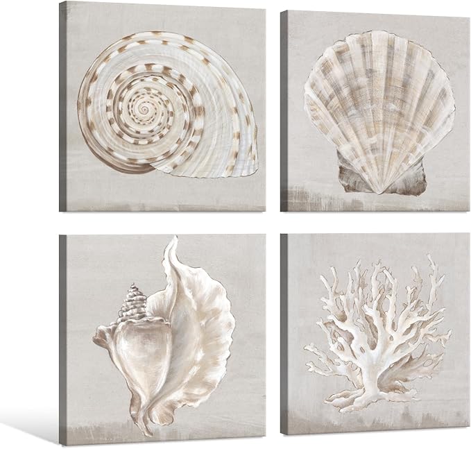 JAPO ART White Sea Shells Pictures Coastal Beach Canvas Wall Art Picture Vintage Seashell Giclee Print on Canvas Stretched for Living Room Bedroom Wall (White shells Eva Watts, 12x12Inchx4pcs)