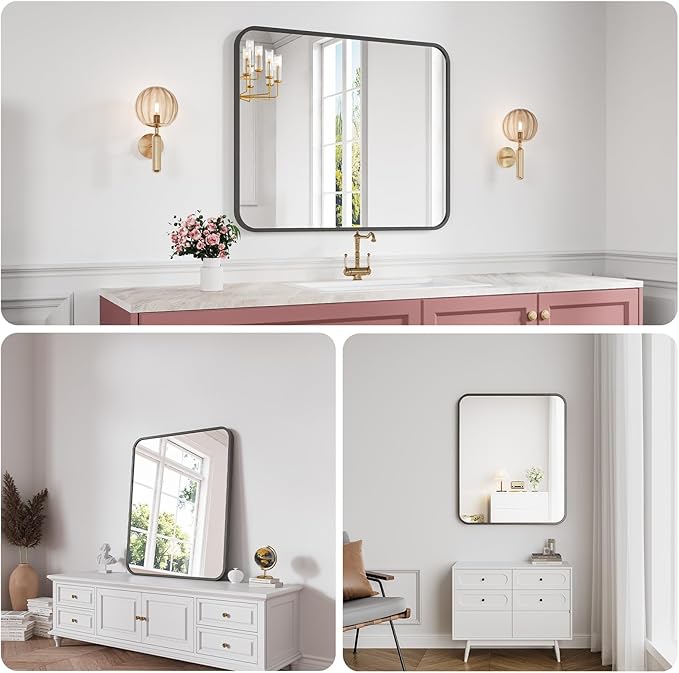 Koonmi Bathroom Mirror, 30X36 Inch Black Metal Framed Mirror for Bathroom, Tempered Glass, Anti-Rust, Rounded Rectangle Mirror for Restroom, Bedroom, Black