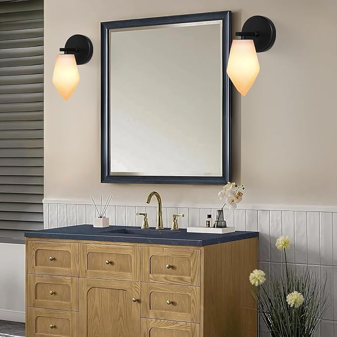 Alabaster Wall Sconce Set of Two, Spanish Marble Wall Light, Modern Wall Sconce for Bedroom, Hardwired Wall Lighting for Living Room, Wall Lamp for Bathroom Hallway Stairs, Black