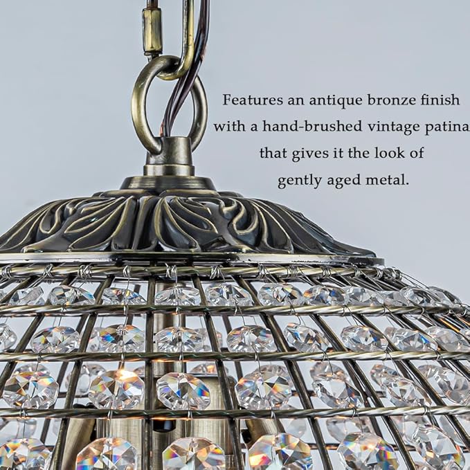 ALOADECOR 3-Light 16" Retro Antique Gold Crystal Globe Chandelier Sphere Cage-Style Shade Pendant Light for Kitchen Isl and Dining Room