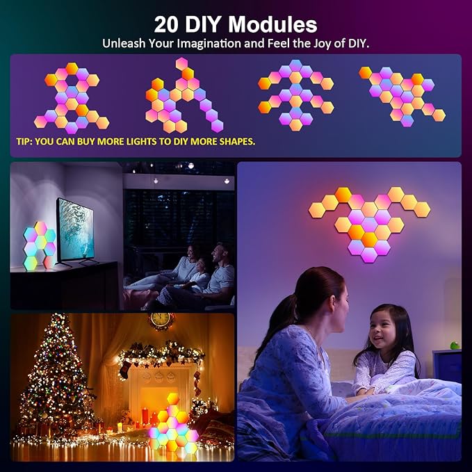 OJQ 20 Pack Hexagon Lights Wall RGB Panel - Hexagonal Led Lights Room Living Decor Wall Lights Birthday Decorations Gaming Equipment Honeycomb Shape Panels Hexagon Gaming Lights for Bedroom Children