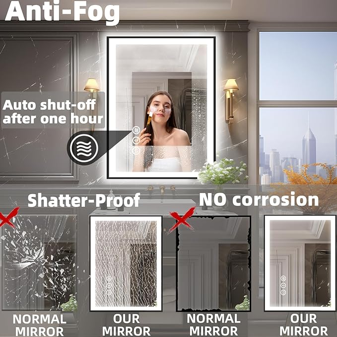 20x28 LED Bathroom Mirror for Wall, Black (Metal, Aluminum) Framed, Front Light and Backlit, 3 Colors and Dimmable Vanity Mirror, Anti-Fog, Shatter-Proof, Memory (Horizontal/Vertical)