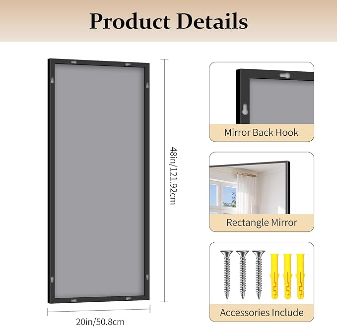 Black Bathroom Mirror for Wall, 20x48 Inch Rectangle with Metal Frame, Modern Vanity for Bathroom Living Room, Entryway Hangs Horizontal or Vertical