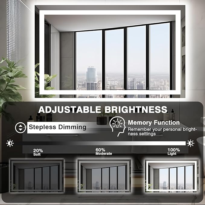 50"x36" Lighted Mirrors for Bathroom Wall, Anti-Fog LED Vanity Mirror, Shatter-Proof, 3 Colors Memory Mirror (Horizontal/Vertical)