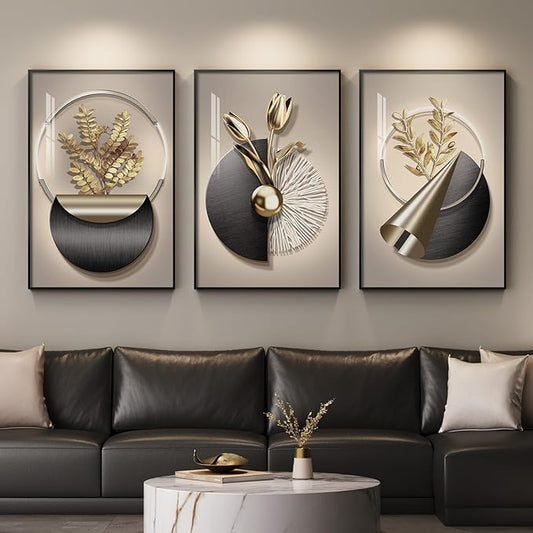 Large Framed Modern Elegant Wall Art for Living Room, 3 Piece Black and Gold Bright Luxury Prints Paintings, Contemporary Elegant Flower and Geometric Pictures for Bedroom Entryway Wall Decor 24x36 In