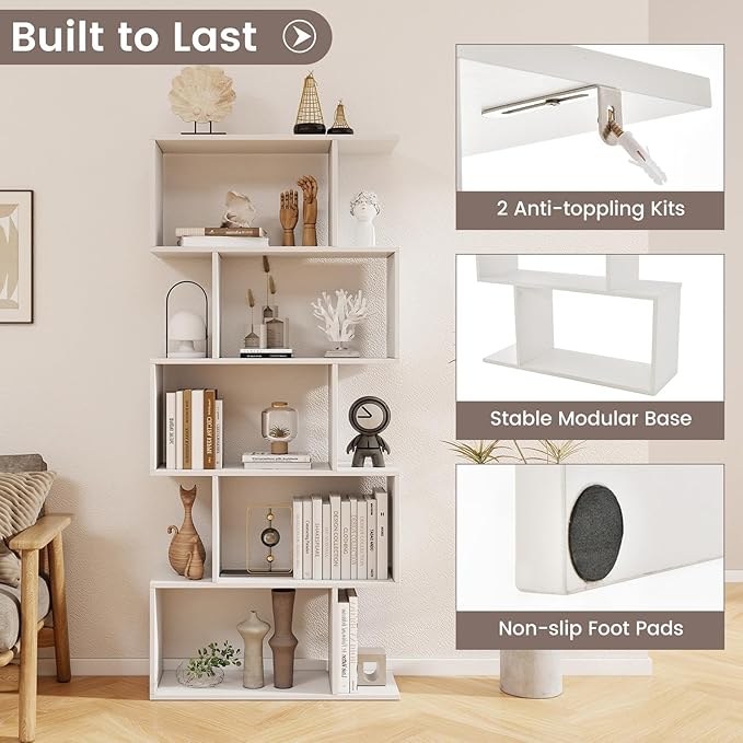 5 Tier Geometric Bookcase, S Shaped Bookshelf, Modern Decorative Storage Shelving, Wooden Room Divider Bookcase, 62.5" Tall Staggered Display Book Shelf for Living Room (1, White)
