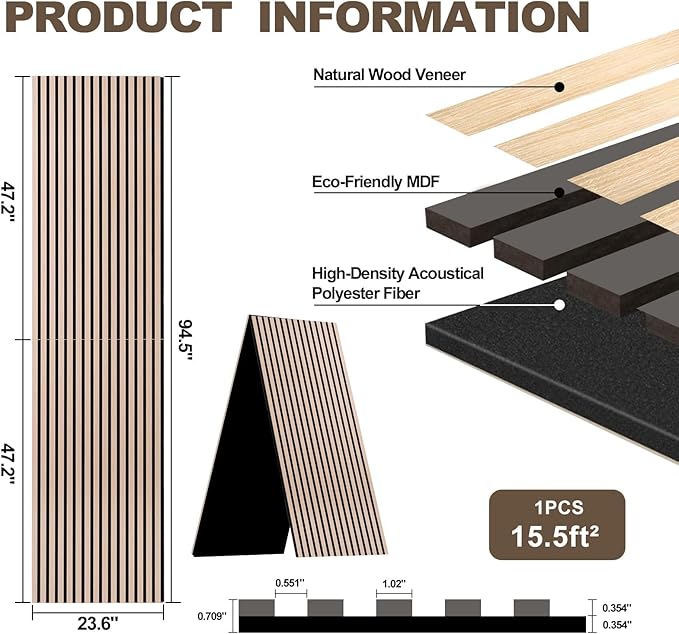 AKK-PANE Acoustic Folding Wood Slat Wall Panels, 94.5" x 23.6" 15.5ft² for Interior Wall Decor, Sound Absorbing Slat Wall Paneling, Fluted Wall Wood Panels for Interiors Noise Reduction (Classic Oak)