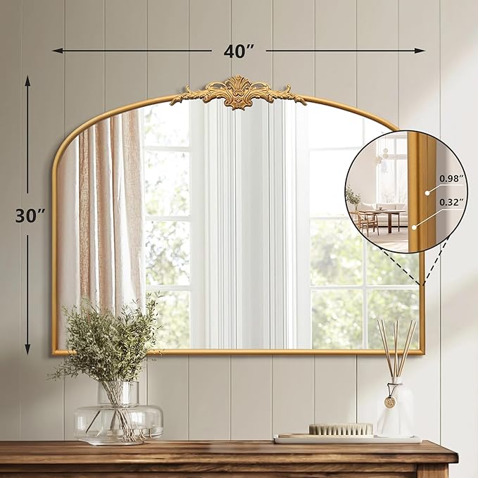Antique Arched Gold Mirror: 40"x30" Large Gleaming Gold Vintage Wall Mounted Mirror - Baroque Traditional Ornate for Fireplace/Bathroom/Living Room - Home Decor for Homemakers