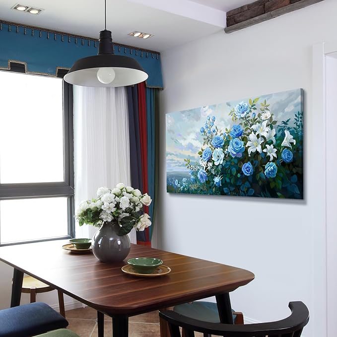 Nicetop Large Floral Canvas Wall Art - Modern Botanical Artwork Abstract Blue Rose White Lily Flower Bouquet Art Prints on Wrapped Canvas Nature Picture for Living Room Bedroom Home Decor 48x24 Inch
