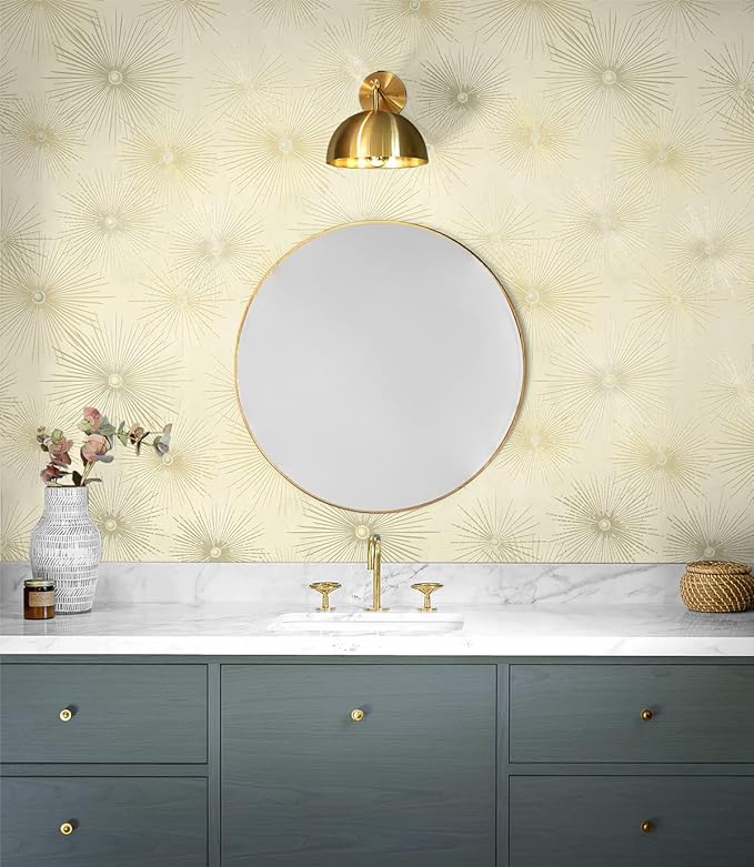 NextWall Star Burst Geo Mid Century Peel and Stick Wallpaper (Ivory & Metallic Gold)