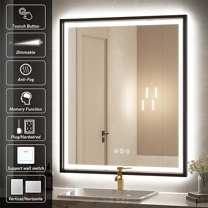 30X36 Inch Black Frame Led Mirror,Backlit and Front Bathroom Mirror with Lights,Wall Mounted Double LED Lighted Anti-Fog Mirror,Stepless 3 Colors Temperature & Dimmable (Horizontal/Vertical)