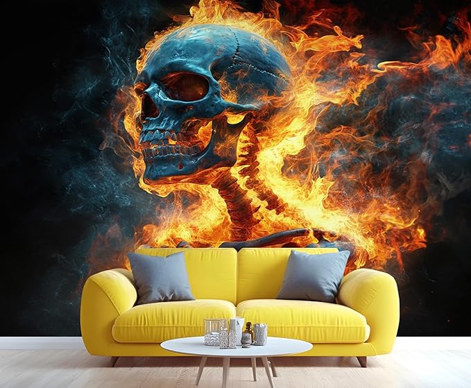 Blue Skull Wall Murals, Orange-Red Flame Mural Wallpaper, Dark Gradient Wall Decor, Skeleton Mural for Bedroom, Fantasy Dark Wallpaper for Living Room 181"（W） x 110"（H）