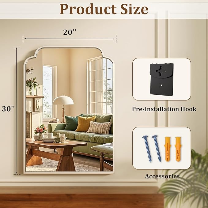 20" x 30" Silver Arch Bathroom Mirror, Wall Mounted Vanity Mirror with Metal Frame, Modern Decorative Scalloped Wall Mirror for Sink, Bedroom, Living Room, Entry, Farmhouse Home