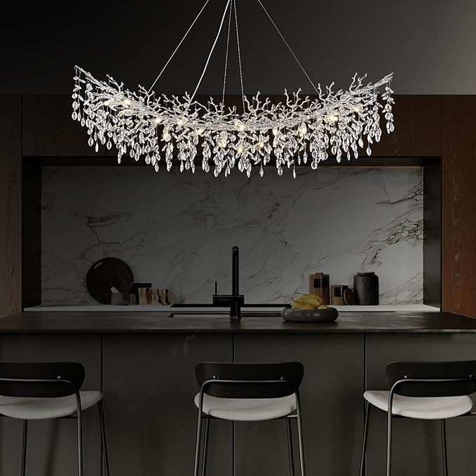 Modern Crystal Silver Chandeliers,72" Large Rectangular Chandeliers for Dining Room, Tree Branch Crystal Lving Room Chandelier,Dining Room Over Table Chandelier,Fixture Height-Adjustable