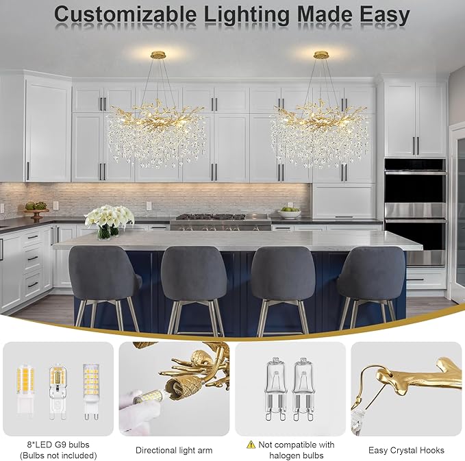 Modern Crystal Chandeliers for Dining Room, 24" Gold Tree Branch Chandelier 8 Lights Kitchen Island Lighting Round Dining Room Chandelier Over Table Embossed Chandelier for Living Room