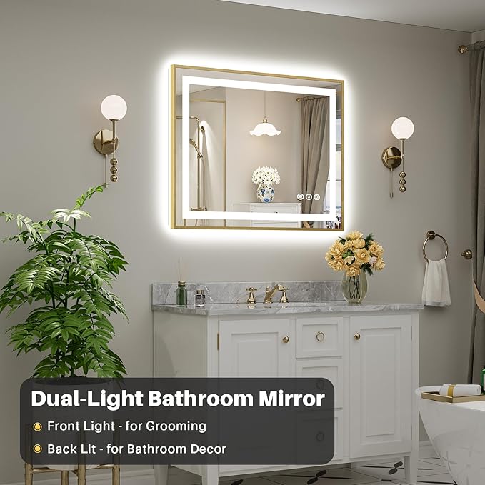 40x32 Inch LED Bathroom Mirror with Gold Frame, Backlit & Front Lit, Anti-Fog Lighted Bathroom Vanity Mirror for Wall, Memory Function, Dimmable, HD Tempered Glass, Shatter-Proof