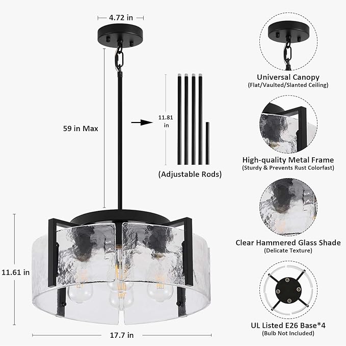 Black Chandelier for Dining Room Light Fixture, 4 Light Entryway Light Fixture, Adjustable Pendant Lights Kitchen Island Modern Farmhouse Kitchen Foyer Chandelier for Entryway, Bedroom, Bathroom