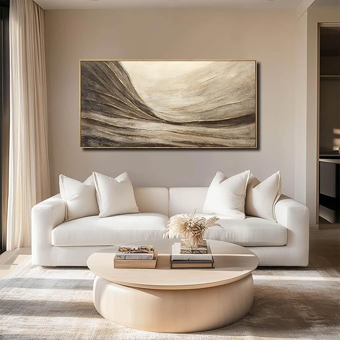 Modern Abstract Wall Art with Frame Brown and Grey Painting Wave Poster Line Canvas for Living Room Bedroom Textured Home Decor 24x48 Inch