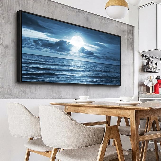 Black Framed Wall Art For Living Room Decorations Photo Prints - Blue Sea View The Moon Landscape - Modern Home Decor The Room Stretched And Framed Ready To Hang Artwork (Blue Ocean&Moon, 24x 48inch)