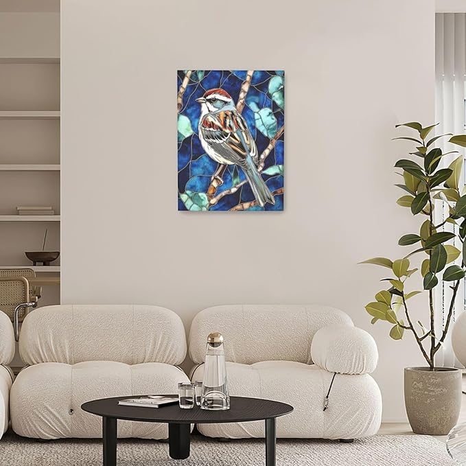 Bird Wall Art For Woman Cute Sparrow Nursery Canvas Wall Decor Vintage Aesthetic Pictures Paintings Prints Artwork Framed Decorations For Bathroom Bedroom Living Room Office Gifts 12" x 16"